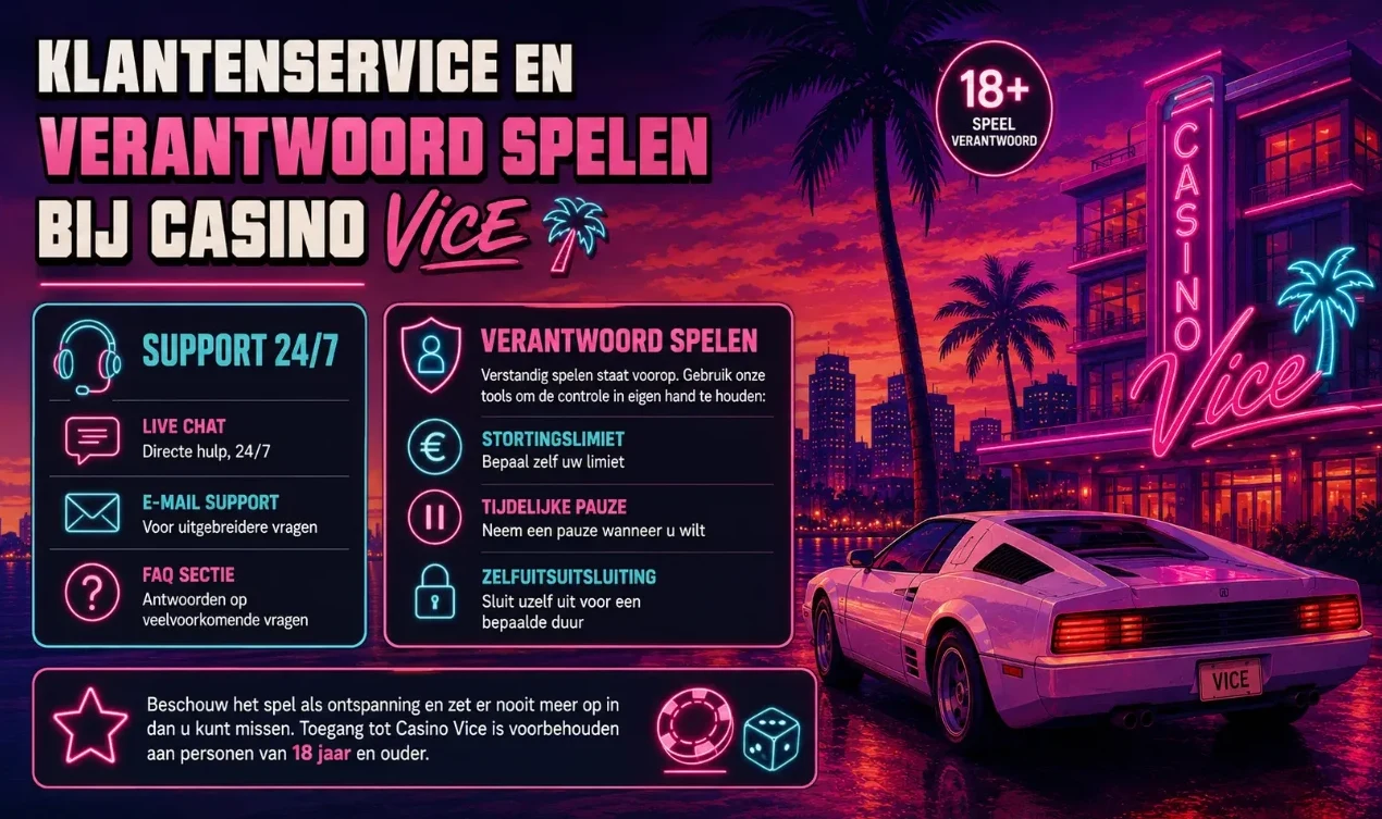 Live chat support en verantwoord spelen tools met 18-plus icoon bij Casino Vice