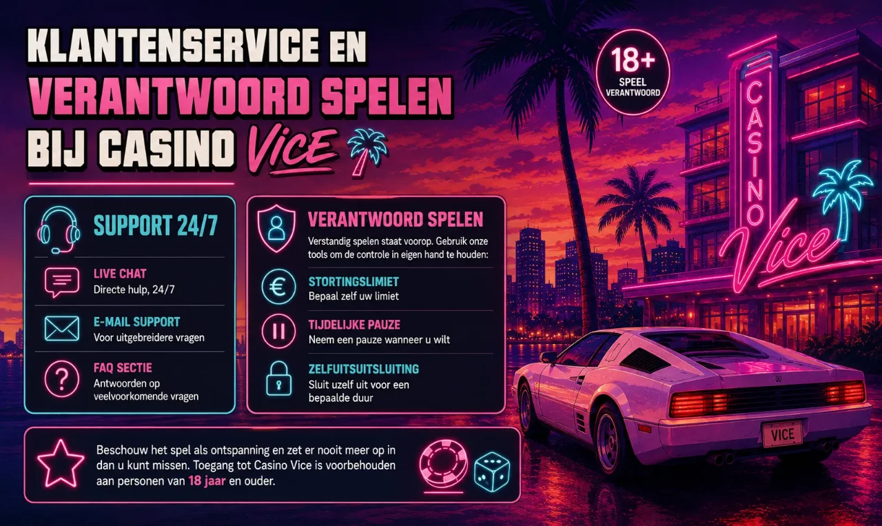 Live chat support en verantwoord spelen tools met 18-plus icoon bij Casino Vice