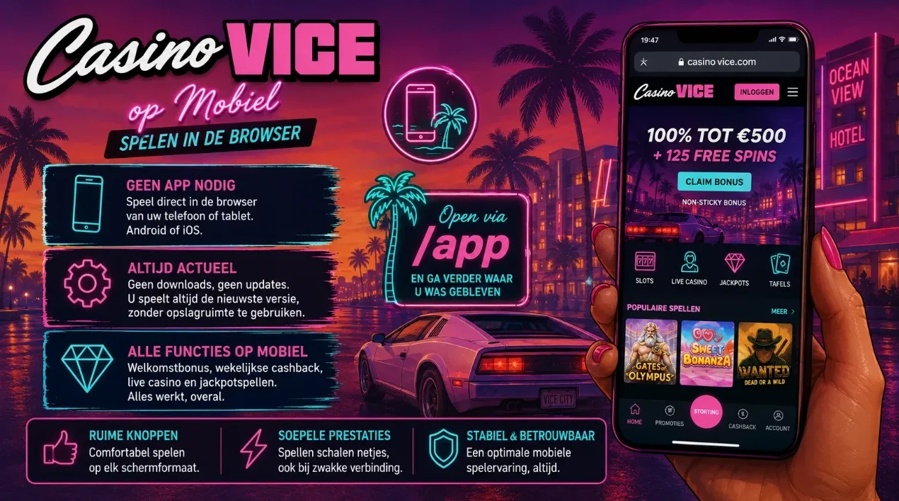 Mobiele versie van Casino Vice op smartphone in de browser