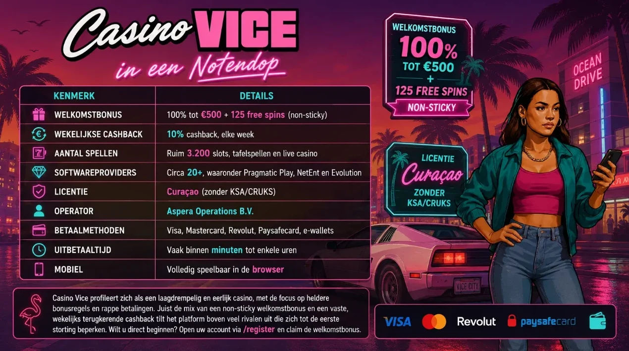 Overzichtstabel met Casino Vice kenmerken, non-sticky bonus en Curacao licentie