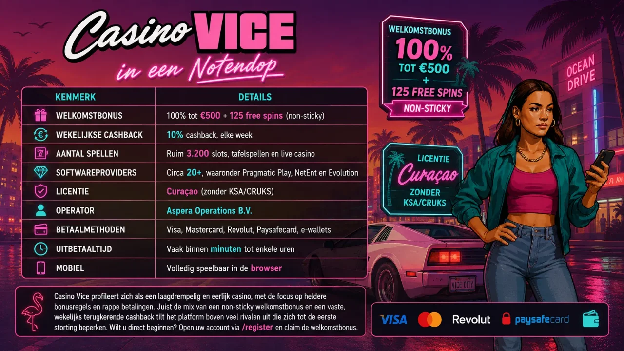 Overzichtstabel met Casino Vice kenmerken, non-sticky bonus en Curacao licentie