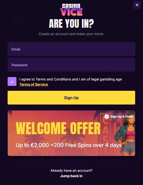 Registratie- en inlogscherm van Casino Vice met e-mailadres