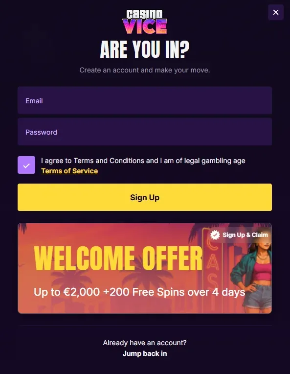 Registratie- en inlogscherm van Casino Vice met e-mailadres